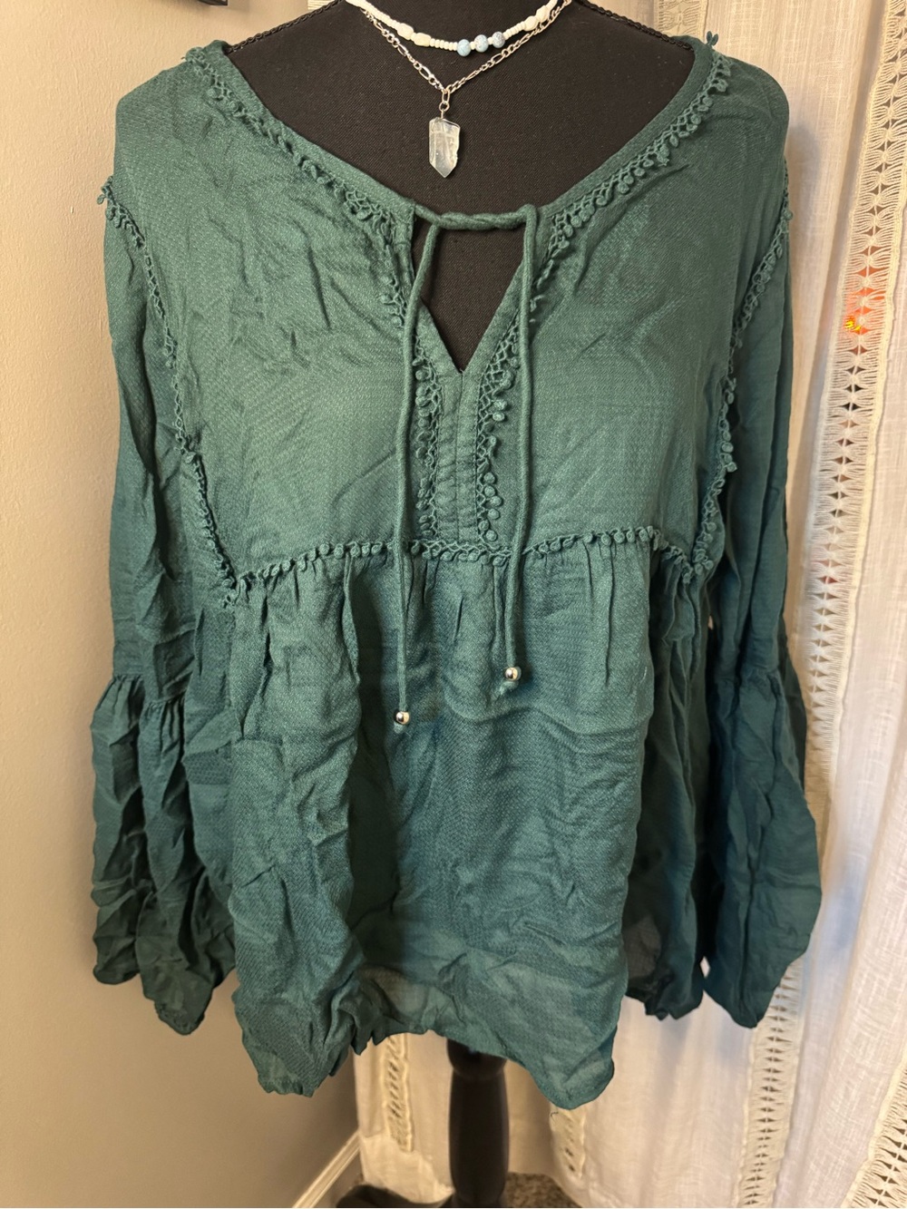 Haute Hippie Forest Green Peasant Tunic with Ties and Silver Beads